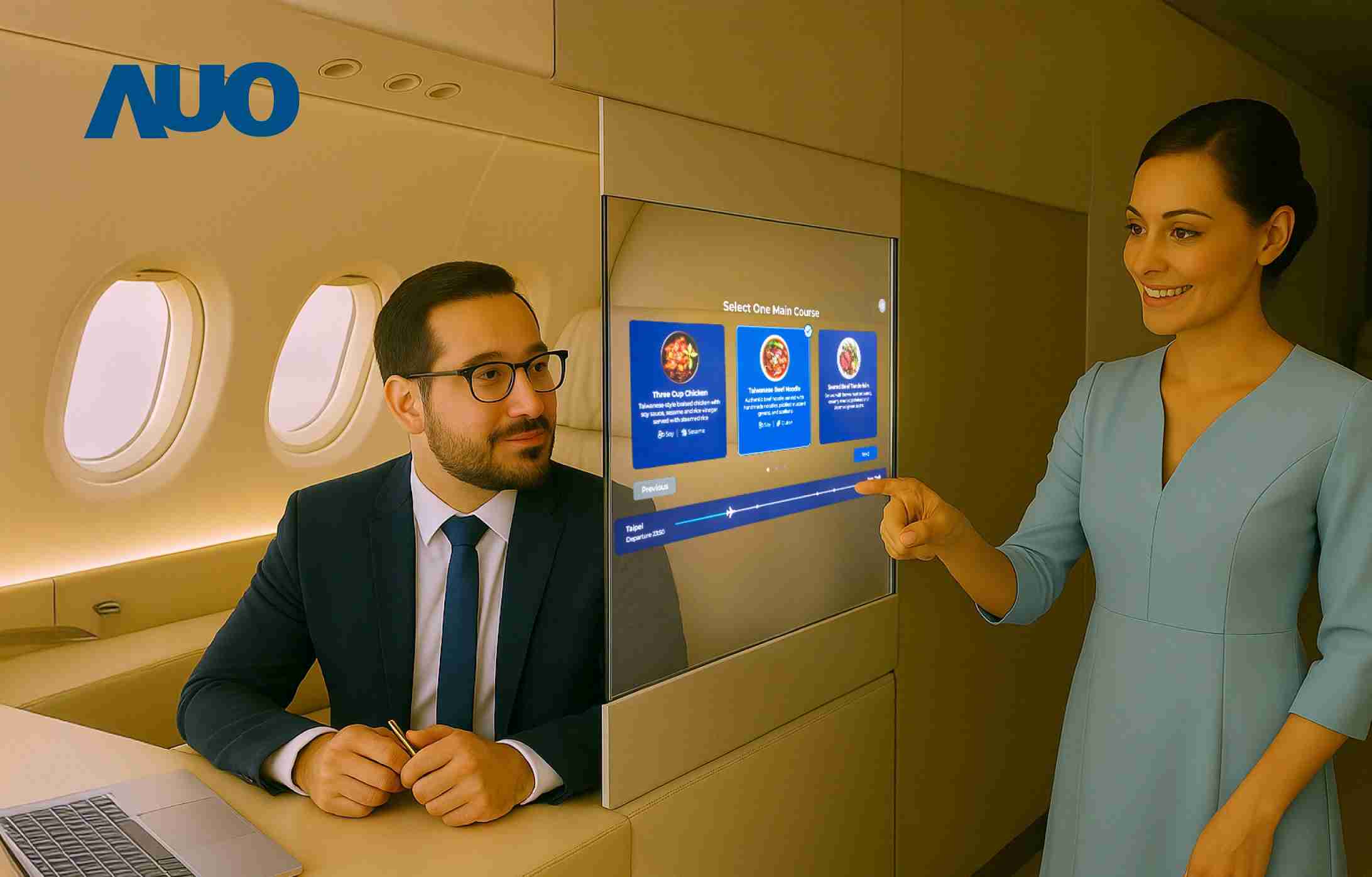 EBpay研发全球最薄17.3 吋双面透明 Micro LED 显示器，，可在同一屏幕之双边投射不同信息，，，创造独特的”透明化”互动；图为实时翻译交流应用情境